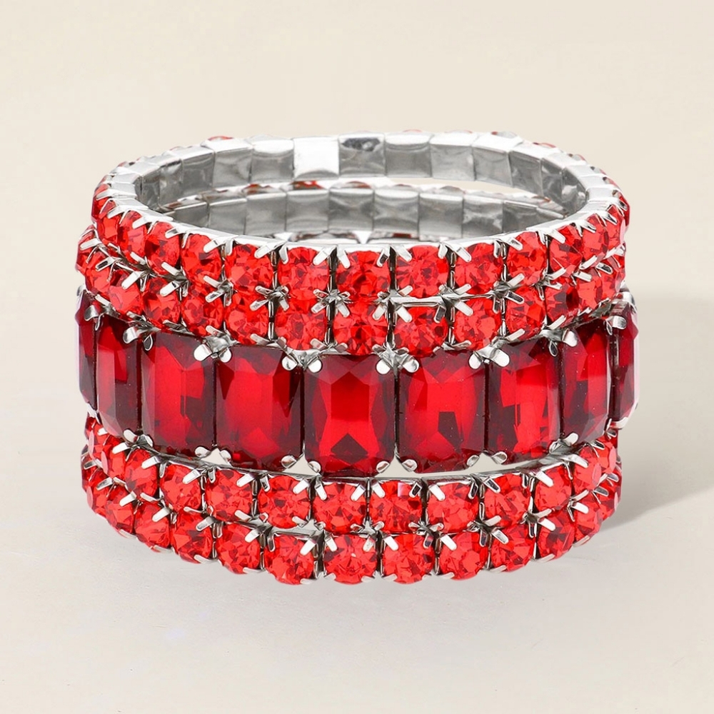 Red Emerald Cut Crystal Silver Wide Stretch Bracelet 5 Pcs Bling 1.5 Inches